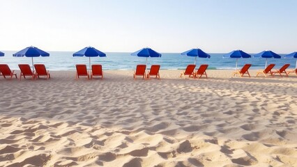 Bright orange sun loungers and blue umbrellas create a relaxing atmosphere on a sunny sandy beach. The image is perfect for a vacation and seaside theme.
