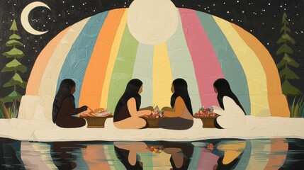 A painting of four women sitting around a table with food, under a rainbow and crescent moon.