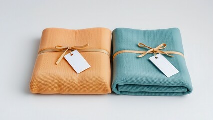 Two folded towels with a tag and ribbon lie on a light surface. The aesthetic composition is suitable for advertising textiles and home comfort.