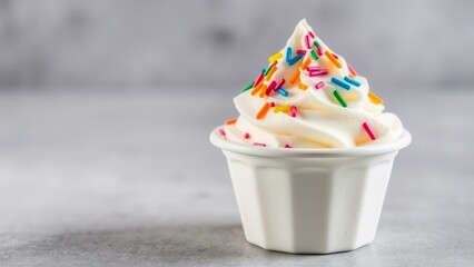 A white cup of frozen yogurt is decorated with bright sprinkles on a gray background. Minimalism emphasizes texture and color. Ideal for advertising desserts and summer menus.