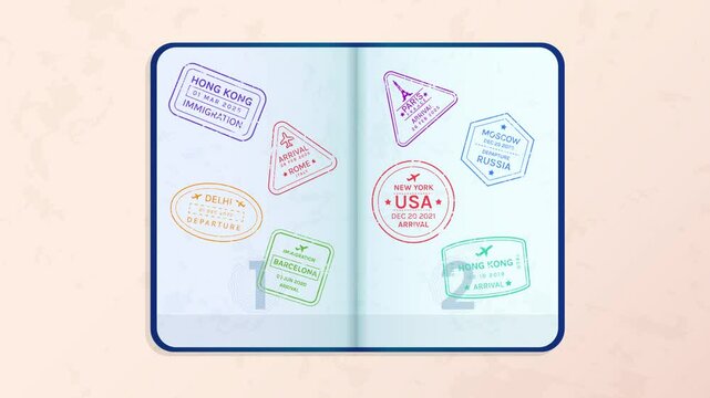 USA stamp seal on passport animation. US arrival stamp on passport