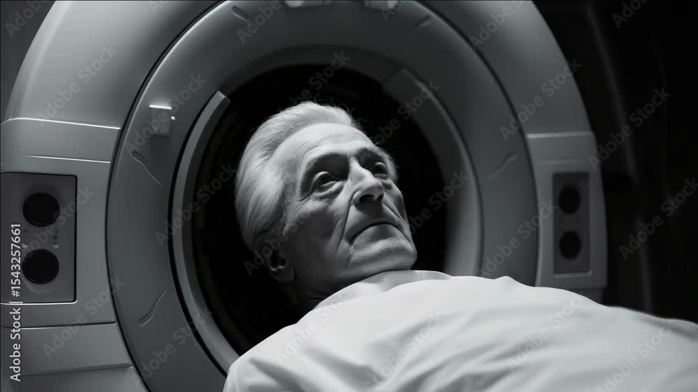Poster a man is lying in a machine that is white and has a light on it. he is smiling