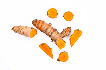 Turmeric with its magnificent orange color on a white background