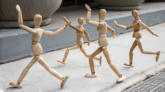 Wooden mannequin figures in motion running and dancing together on a gray surface art concept