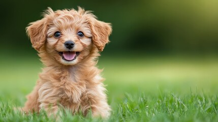 Fototapeta premium A cheerful puppy with soft fur sits on lush green grass, radiating cuteness and joy while inviting smiles from anyone who sees this adorable creature.