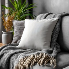A cozy seating area showcasing a white cushion on a gray sofa with a patterned blanket. Complemented by lush green plants and natural wooden furniture, creating a serene and inviting ambiance.