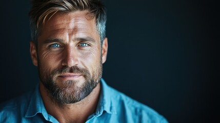 Fototapeta premium This portrait captures a confident man with striking blue eyes and a well-groomed beard, embodying strength and charisma against a dark backdrop.