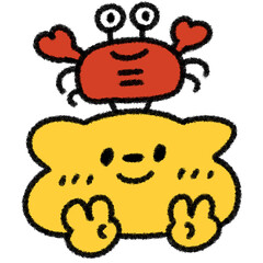 カニが頭に乗った両手ピースのネコのゆるかわ手描きイラスト