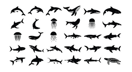 Fototapeta premium Collection of sea animals showcases marine life icons including sharks, dolphins, whales, jellyfish, and turtles, silhouette