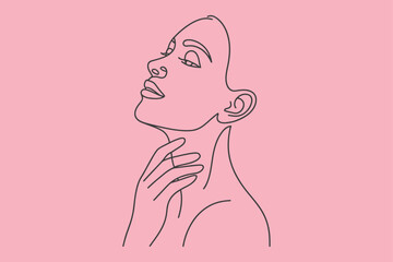 One line drawing woman boxer pink background