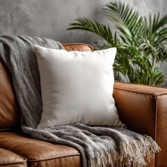 A cozy seating area showcasing a white cushion on a gray sofa with a patterned blanket. Complemented by lush green plants and natural wooden furniture, creating a serene and inviting ambiance.