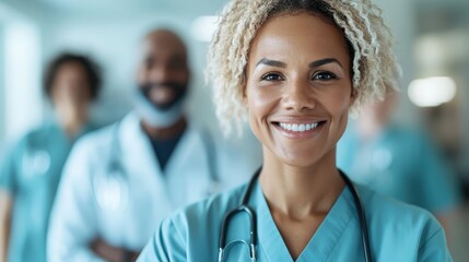 This uplifting image features a smiling healthcare professional in scrubs, standing confidently with a team in the background, emphasizing compassion and teamwork in healthcare.