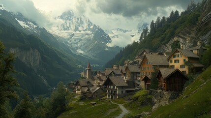Charming Alpine Village Nestled in Lush Mountain Valley, Switzerland - Scenic European Landscape with Traditional Architecture and Foggy Atmosphere.