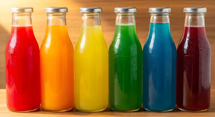 Close-Up of Detox Water and Fresh Juice Bottles with Straws on Wooden Surface
