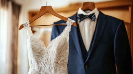 Elegant Wedding Gown and Blue Suit – Bridal Fashion and Groomswear Detail - Romantic Bridal Preparation Scene