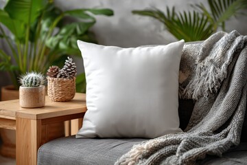 A cozy seating area showcasing a white cushion on a gray sofa with a patterned blanket. Complemented by lush green plants and natural wooden furniture, creating a serene and inviting ambiance.