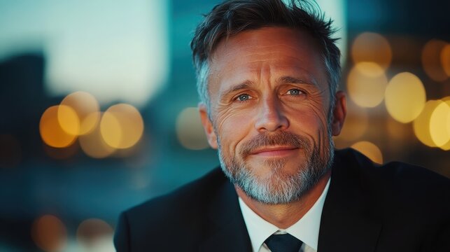 A charming portrait of a confident businessman with a friendly smile, set against a blurred urban backdrop, conveys professionalism, success, and charisma.
