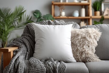 A cozy seating area showcasing a white cushion on a gray sofa with a patterned blanket. Complemented by lush green plants and natural wooden furniture, creating a serene and inviting ambiance.