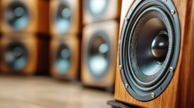 An elegant wooden speaker stands out among a collection, showcasing rich textures and premium sound quality, ideal for audiophiles and music enthusiasts alike.