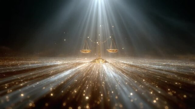 Elegant Justice Scales with Golden Sparkles and Radiant Light Beams, fair judgment