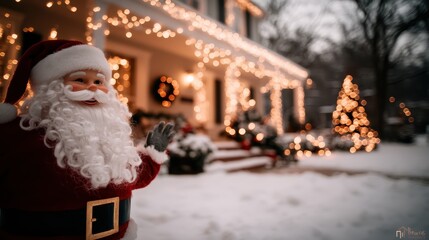 A cheerful Santa Claus figure greets in front of a beautifully decorated snowy house, capturing the essence of holiday spirit and joy during the most magical time of the year.