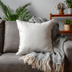 A cozy seating area showcasing a white cushion on a gray sofa with a patterned blanket. Complemented by lush green plants and natural wooden furniture, creating a serene and inviting ambiance.