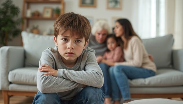 Sad boy on couch with parents. Family issues domestic conflict drama. Unhappy, depress childhood. Child feels fear. Problems tension, feels distressed in home environment.