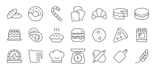 Bakery icon set. Containing bread, pie, cake, donut, croissant, oven, baking tools, cookie, hamburger, Editable line icons. Vector illustration.
