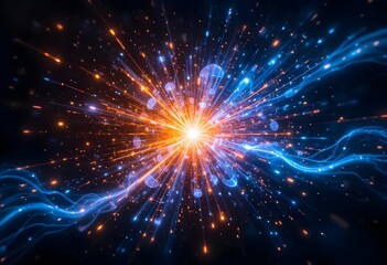 Fototapeta premium Abstract Digital Explosion of Blue and Orange Energy Particles on Black Background