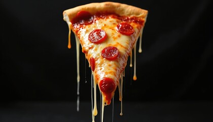Melted cheese pizza slice on black background. Pepperoni toppings, dripping cheese. Delicious fast food meal, perfect for food advertising, menu design, culinary projects, restaurant promo.