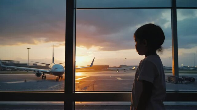 Child watching planes at sunset from airport terminal window