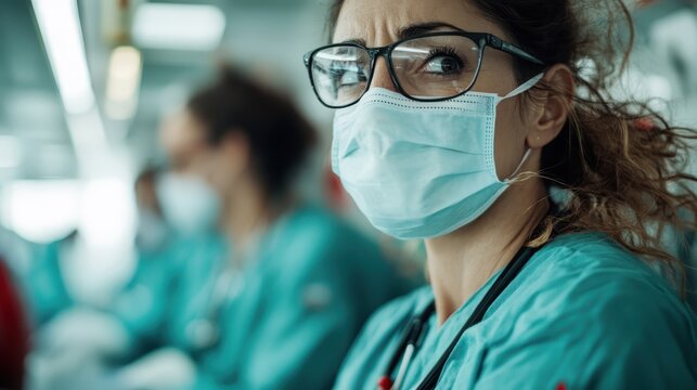 A dedicated healthcare worker with glasses and a mask looks intensely at the camera, exemplifying commitment, resilience, and the importance of protection in healthcare.