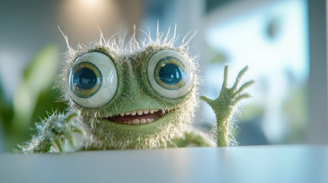 A whimsical and adorable frog character with large expressive eyes greets the viewer with a friendly wave, showcasing fun and imagination in an engaging design.