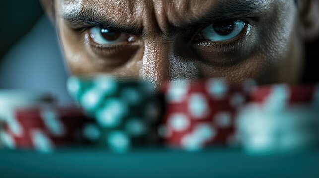 A focused poker player intensely examines his chips, capturing the essence of high-stakes gambling and the emotions of anticipation and strategy during a game.