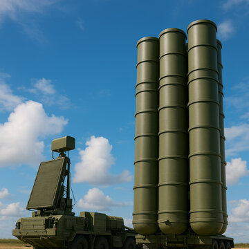 Modern Missile Defense System with Radar Launcher Against Blue Sky