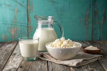 Fresh milk cottage cheese and whey on rustic wood