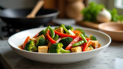 Vegetable Stir-Fry with Tofu, Broccoli, and Bell Peppers in Modern Kitchen Setting