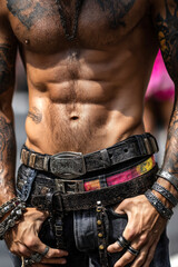 Muscular body with torso and abs of a gay man at an LGBT parade