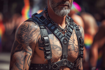 Muscular body of a gay man in a leather harness at an LGBT parade