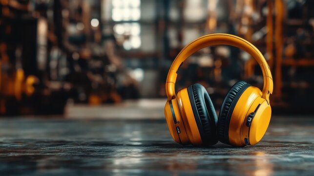 A striking image of bright yellow headphones set against an industrial backdrop, emphasizing the allure of music amidst a rugged environment for all audio lovers.