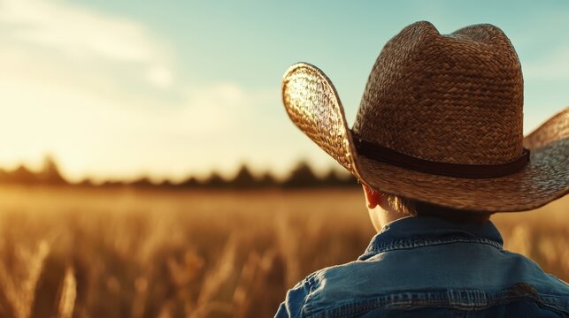 A heartwarming image of a child wearing a straw hat looking out over a golden wheat field during sunset, embodying innocence and the simple joys of childhood in nature's embrace.
