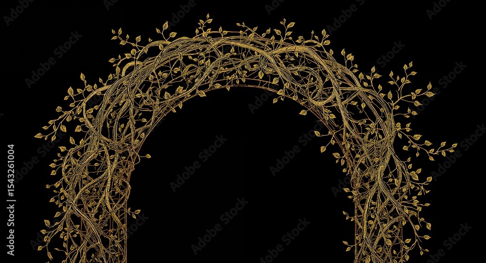 Fototapete A golden archway covered in vines and leaves against a black background in a digital rendering