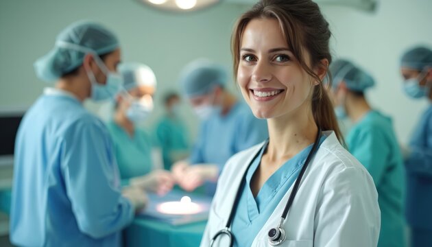 Smiling female doctor poses in operating room with medical team. Surgical treatment, modern medicine concept. Healthcare professionals in sterile environment. Surgeon wearing surgical gown, gloves.