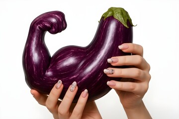 a woman hand holding long and big eggplant in a sensual pose like holding something "big", can be used to soften the sexual connotation. isolated white background