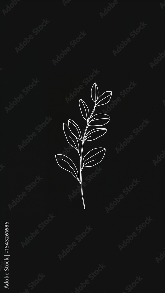 Poster a simple line drawing of a leafy stem on a dark background creating a minimalist aesthetic look