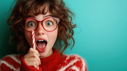 A cheerful young girl with curly brown hair expresses excitement while holding a candy cane, perfectly capturing a moment of childlike joy and festive spirit against a teal background.