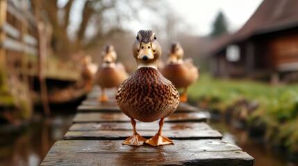 Fototapeta premium A duck poses confidently on a wooden bridge, framed by serene surroundings, evoking feelings of tranquility and charm in a peaceful, rustic setting.
