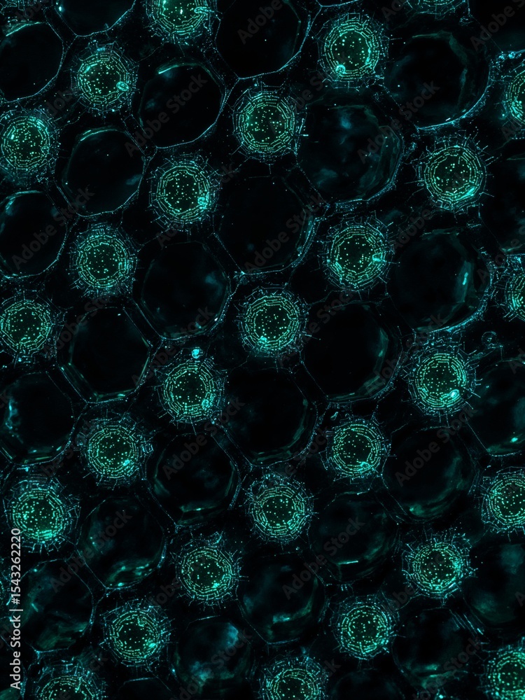 Poster a close up of many glowing green circular patterns on a dark background creating an abstract design