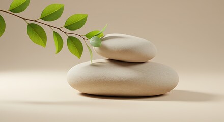 Spa stones and green leaves on beige background