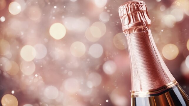 A close-up of a shiny champagne bottle with festive bokeh in the background, symbolizing celebration and joy, perfect for special events and luxurious moments.
